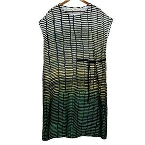 BUYKUD Striped Tunic Midi Dress Olive Green & Black, Lightweight w POCKETS!
